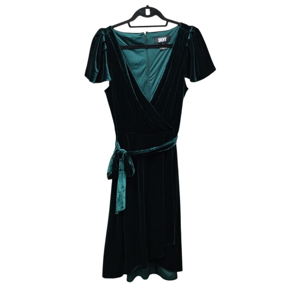 NWT DKNY Womens Velvet Faux Wrap Midi Dress 12 Green Flutter Sleeve Event Party
